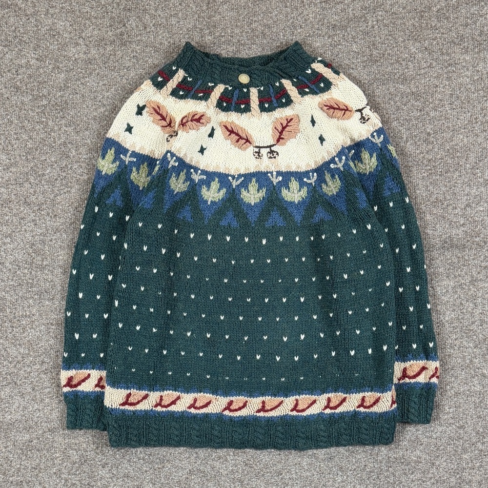 Vintage Wool Blend Nordic Fair Isle Fall Leaves Winter Pullover Sweater Womens M